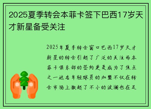 2025夏季转会本菲卡签下巴西17岁天才新星备受关注