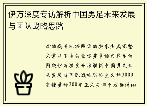 伊万深度专访解析中国男足未来发展与团队战略思路