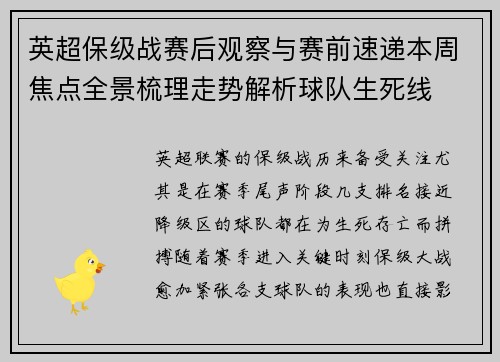 英超保级战赛后观察与赛前速递本周焦点全景梳理走势解析球队生死线 英超保级战赛后观察与赛前速递本周焦点全景梳理走势解析球队生死线